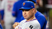 May 5, 2025; Phoenix, Arizona, USA; New York Mets manager Carlos Mendoza in the fifth inning against the Arizona Diamondbacks at Chase Field. Mandatory Credit: Mark J. Rebilas-Imagn Images
