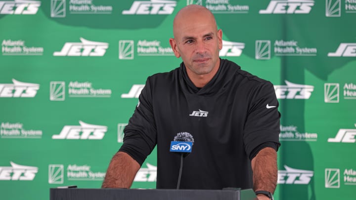 Jul 27, 2024; Florham Park, NJ, USA; New York Jets head coach Robert Saleh talks with media during training camp at Atlantic Health Jets Training Center.