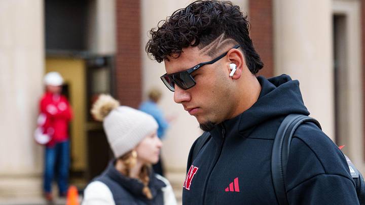 Oct 25, 2025; Lincoln, Nebraska, USA; Nebraska Cornhuskers quarterback Dylan Raiola (15) arrives before the game against the Northwestern Wildcats at Memorial Stadium. Mandatory Credit: Dylan Widger-Imagn Images