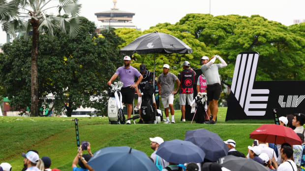 Peter Uihlein hits a tee shot during the second round of LIV Golf Singapore golf tournament at Sentosa Golf Club in 2024.