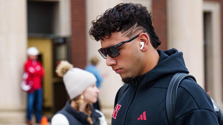 Oct 25, 2025; Lincoln, Nebraska, USA; Nebraska Cornhuskers quarterback Dylan Raiola (15) arrives before the game against the Northwestern Wildcats at Memorial Stadium. Mandatory Credit: Dylan Widger-Imagn Images