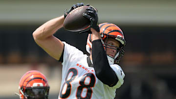 Jun 10, 2025; Cincinnati, OH, USA; Cincinnati Bengals tight end Mike Gesicki (88) completes a catch during practice at Paycor Stadium. Mandatory Credit: Kareem Elgazzar-Imagn Images