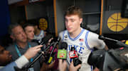 Apr 3, 2025; San Antonio, TX, USA; Duke Blue Devils forward Cooper Flagg (2) is interviewed during open locker room at Alamodome. Mandatory Credit: Bob Donnan-Imagn Images