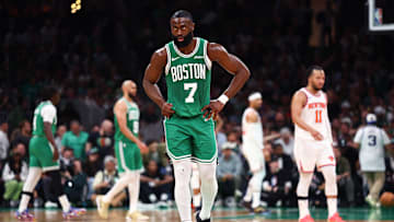 Boston Celtics forward Jaylen Brown stares ahead during Game 2 vs. the New York Knicks.