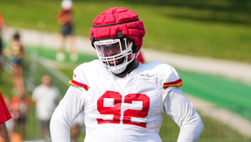 Jul 26, 2024; Kansas City, MO, USA; Kansas City Chiefs defensive end Neil Farrell (92) pauses while running drills during training camp at Missouri Western State University. Mandatory Credit: Denny Medley-USA TODAY Sports