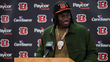 Cincinnati Bengals first-round draft pick Shemar Stewart speaks during a press conference, Friday, April 25, 2025, at Paycor Stadium in Downtown Cincinnati.