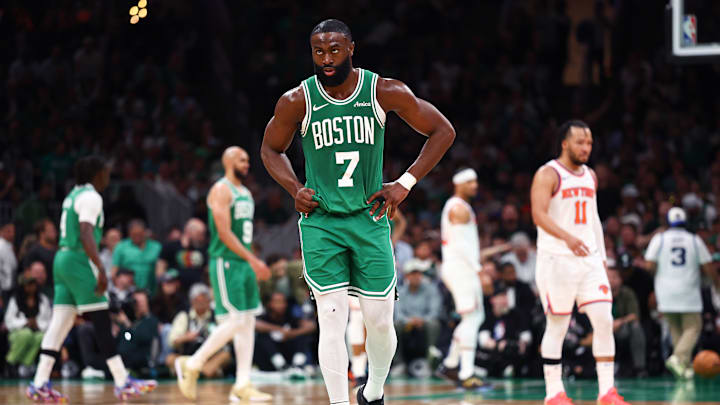 Boston Celtics forward Jaylen Brown stares ahead during Game 2 vs. the New York Knicks.
