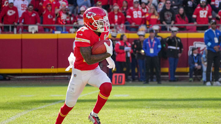 Nov 10, 2024; Kansas City, Missouri, USA; Kansas City Chiefs wide receiver Mecole Hardman (17) returns a kick against the Denver Broncos during the game at GEHA Field at Arrowhead Stadium. Mandatory Credit: Denny Medley-Imagn Images