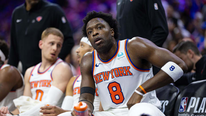 May 2, 2024; Philadelphia, Pennsylvania, USA; New York Knicks forward OG Anunoby (8) during a timeout against the Philadelphia 76ers in game six of the first round for the 2024 NBA playoffs at Wells Fargo Center. Mandatory Credit: Bill Streicher-USA TODAY Sports