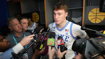 Apr 3, 2025; San Antonio, TX, USA; Duke Blue Devils forward Cooper Flagg (2) is interviewed during open locker room at Alamodome. Mandatory Credit: Bob Donnan-Imagn Images