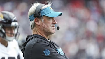 Sep 29, 2024; Houston, Texas, USA; Jacksonville Jaguars head coach Doug Pederson looks on during the fourth quarter against the Houston Texans at NRG Stadium. Mandatory Credit: Troy Taormina-Imagn Images