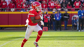 Nov 10, 2024; Kansas City, Missouri, USA; Kansas City Chiefs wide receiver Mecole Hardman (17) returns a kick against the Denver Broncos during the game at GEHA Field at Arrowhead Stadium. Mandatory Credit: Denny Medley-Imagn Images