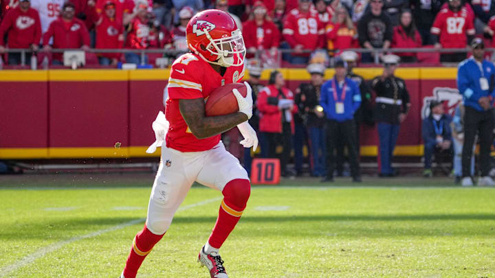 Nov 10, 2024; Kansas City, Missouri, USA; Kansas City Chiefs wide receiver Mecole Hardman (17) returns a kick against the Denver Broncos during the game at GEHA Field at Arrowhead Stadium. Mandatory Credit: Denny Medley-Imagn Images