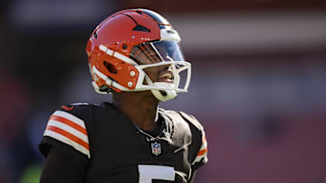 Nov 3, 2024; Cleveland, Ohio, USA; Cleveland Browns quarterback Jameis Winston (5) yells to pump up his teammates during warm ups before the game against the Los Angeles Chargers at Huntington Bank Field. Mandatory Credit: Scott Galvin-Imagn Images