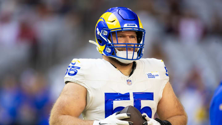 Nov 26, 2023; Glendale, Arizona, USA; Los Angeles Rams center Brian Allen (55) against the Arizona Cardinals at State Farm Stadium. Mandatory Credit: Mark J. Rebilas-USA TODAY Sports