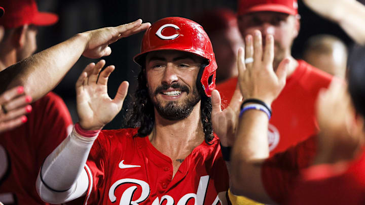 Sep 4, 2024; Cincinnati, Ohio, USA; Cincinnati Reds second baseman Jonathan India (6) high fives teammates after scoring on a RBI single hit by outfielder Spencer Steer (not pictured) in the fifth inning against the Houston Astros at Great American Ball Park. Mandatory Credit: Katie Stratman-Imagn Images