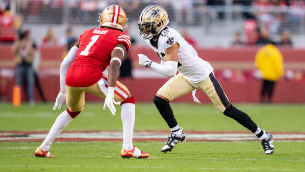 New Orleans Saints wide receiver Chris Olave (12) runs a route against the San Francisco 49ers 