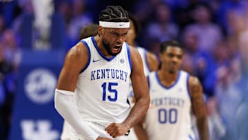 Feb 11, 2025; Lexington, Kentucky, USA; Kentucky Wildcats forward Ansley Almonor (15) celebrates during the second half against the Tennessee Volunteers at Rupp Arena at Central Bank Center. Mandatory Credit: Jordan Prather-Imagn Images