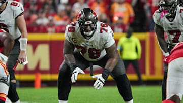 Nov 4, 2024; Kansas City, Missouri, USA; Tampa Bay Buccaneers offensive tackle Tristan Wirfs (78) at the line of scrimmage against the Kansas City Chiefsduring the game at GEHA Field at Arrowhead Stadium. Mandatory Credit: Denny Medley-Imagn Images