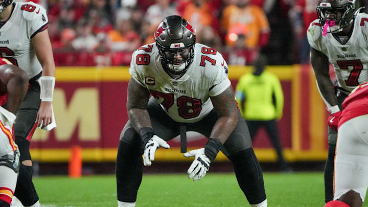 Nov 4, 2024; Kansas City, Missouri, USA; Tampa Bay Buccaneers offensive tackle Tristan Wirfs (78) at the line of scrimmage against the Kansas City Chiefsduring the game at GEHA Field at Arrowhead Stadium. Mandatory Credit: Denny Medley-Imagn Images