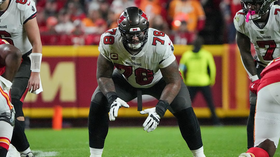 Nov 4, 2024; Kansas City, Missouri, USA; Tampa Bay Buccaneers offensive tackle Tristan Wirfs (78) at the line of scrimmage against the Kansas City Chiefsduring the game at GEHA Field at Arrowhead Stadium. Mandatory Credit: Denny Medley-Imagn Images