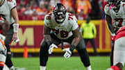 Nov 4, 2024; Kansas City, Missouri, USA; Tampa Bay Buccaneers offensive tackle Tristan Wirfs (78) at the line of scrimmage against the Kansas City Chiefsduring the game at GEHA Field at Arrowhead Stadium. Mandatory Credit: Denny Medley-Imagn Images