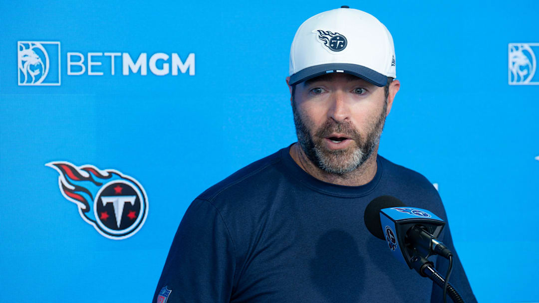 Tennessee Titans Head Coach Brian Callahan fields questions from the media during Day 6 of training camp at Ascension Saint Thomas Sports Park in Nashville, Tenn., Friday, Aug. 1, 2025.