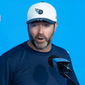 Tennessee Titans Head Coach Brian Callahan fields questions from the media during Day 6 of training camp at Ascension Saint Thomas Sports Park in Nashville, Tenn., Friday, Aug. 1, 2025.