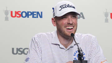 Jun 9, 2025; Oakmont, Pennsylvania, USA; Matt Vogt who was a caddie at Oakmont County Club in his youth speaks at a press conference during a practice round for the U.S. Open golf tournament at Oakmont Country Club. Mandatory Credit: Charles LeClaire-Imagn Images