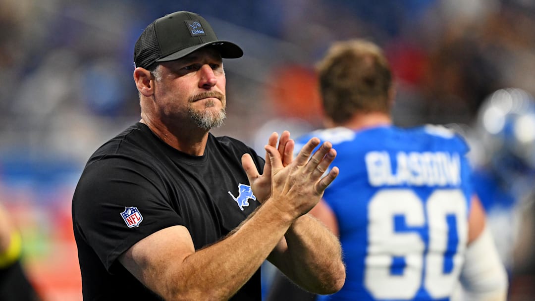 Sep 28, 2025; Detroit, Michigan, USA; Detroit Lions head coach Dan Campbell looks on before the game against the Cleveland Browns at Ford Field. Mandatory Credit: Lon Horwedel-Imagn Images