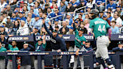 Oct 13, 2025; Toronto, Ontario, CAN; The Seattle Mariners bench reacts after a three run home run by center fielder Julio Rodriguez (44) in the first inning against the Toronto Blue Jays during game two of the ALCS round for the 2025 MLB playoffs at Rogers Centre. Mandatory Credit: Dan Hamilton-Imagn Images