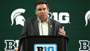 Jul 24, 2024; Indianapolis, IN, USA;  Michigan State Spartans head coach Jonathan Smith speaks to the media during the Big 10 football media day at Lucas Oil Stadium. Mandatory Credit: Robert Goddin-USA TODAY Sports