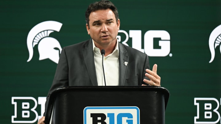 Jul 24, 2024; Indianapolis, IN, USA;  Michigan State Spartans head coach Jonathan Smith speaks to the media during the Big 10 football media day at Lucas Oil Stadium. Mandatory Credit: Robert Goddin-USA TODAY Sports