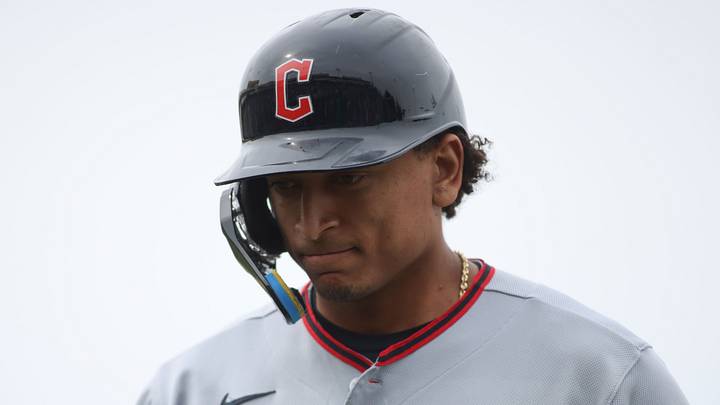 May 3, 2026; West Sacramento, California, USA; Cleveland Guardians catcher Bo Naylor (23) looks down as he is pitch ran for during the ninth inning against the Athletics at Sutter Health Park. Mandatory Credit: Scott Marshall-Imagn Images