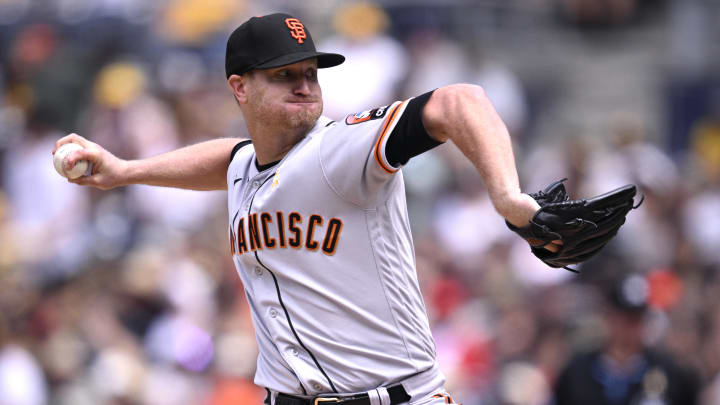 Sep 3, 2023; San Diego, California, USA; San Francisco Giants starting pitcher Alex Cobb (38) throws a pitch against the San Diego Padres during the first inning at Petco Park.