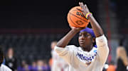 Mar 28, 2025; Spokane, WA, USA; LSU Lady Tigers guard Flau'Jae Johnson (4) warms up during the Sweet 16 NCAA Tournament basketball game at Spokane Arena. Mandatory Credit: James Snook-Imagn Images