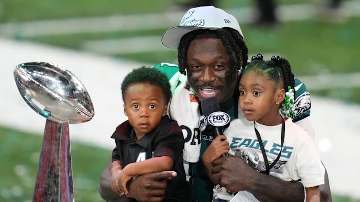 Philadelphia Eagles wide receiver A.J. Brown talks to the media after Super Bowl LIX.
