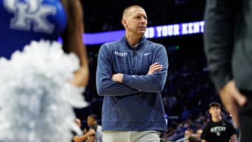 Oct 29, 2024; Lexington, KY, USA; Kentucky Wildcats head coach Mark Pope stands on the court before the game against the Minnesota State Mavericks at Rupp Arena. Mandatory Credit: Jordan Prather-Imagn Images