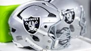 Aug 23, 2025; Glendale, Arizona, USA; Detailed view of a Las Vegas Raiders helmet during a preseason NFL game at State Farm Stadium. Mandatory Credit: Mark J. Rebilas-Imagn Images