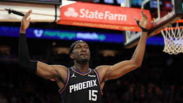 Nov 21, 2025; Phoenix, Arizona, USA; Phoenix Suns center Mark Williams (15) reacts against the Minnesota Timberwolves in the second half of an NBA Cup game at Mortgage Matchup Center. Mandatory Credit: Mark J. Rebilas-Imagn Images