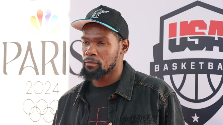 Aug 5, 2024; Paris, FRANCE; United States guard Kevin Durant poses for a photograph during the Paris 2024 Olympic Summer Games at Team USA House.