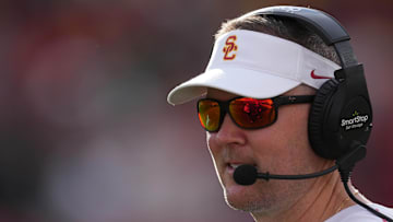 USC head coach Lincoln Riley reacts against the Notre Dame Fighting Irish in the second half at United Airlines Field at Los Angeles Memorial Coliseum on Nov. 30, 2024.
