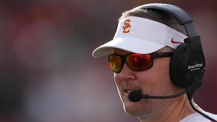 USC head coach Lincoln Riley reacts against the Notre Dame Fighting Irish in the second half at United Airlines Field at Los Angeles Memorial Coliseum on Nov. 30, 2024.