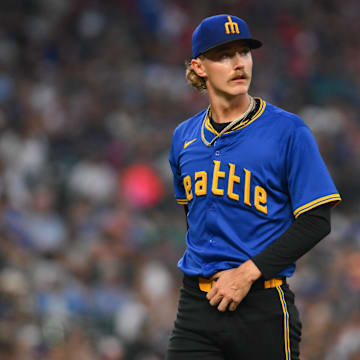 Seattle Mariners starting pitcher Bryce Miller walks off the field during a game against the New York Mets on Aug. 9 at T-Mobile Park.