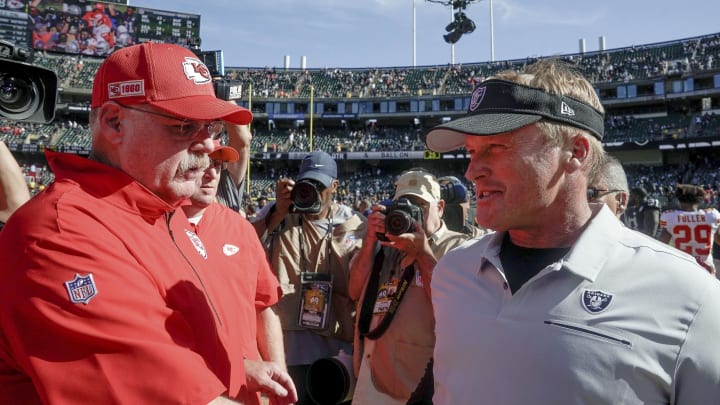 Sep 15, 2019; Oakland, CA, USA; Kansas City Chiefs head coach Andy Reid and Oakland Raiders head coach Jon Gruden meet after the game at the Oakland Coliseum. Mandatory Credit: Stan Szeto-USA TODAY Sports