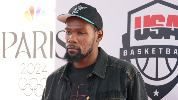 United States guard Kevin Durant poses for a photograph during the Paris 2024 Olympic Summer Games at Team USA House. Mandatory Credit: