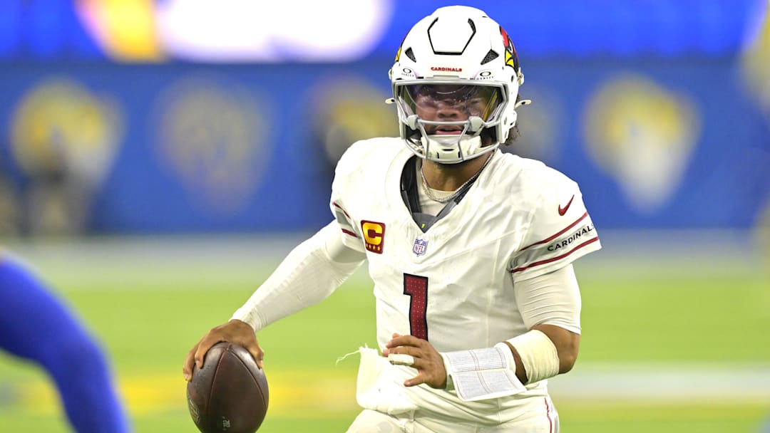 Dec 28, 2024; Inglewood, California, USA;  Arizona Cardinals quarterback Kyler Murray (1) scrambles for a first down in the second half against the Los Angeles Rams at SoFi Stadium. Mandatory Credit: Jayne Kamin-Oncea-Imagn Images
