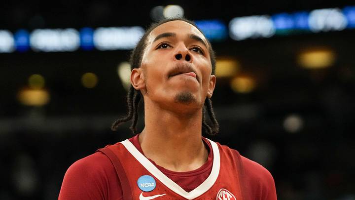 Mar 27, 2026; Chicago, IL, USA; Alabama Crimson Tide guard Labaron Philon Jr. (0) looks on after a Sweet Sixteen game of the Midwest Regional of the men's 2026 NCAA Tournament against the Michigan Wolverines at United Center. Mandatory Credit: David Banks-Imagn Images