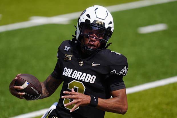 Sep 6, 2025; Boulder, Colorado, USA; Colorado Buffaloes quarterback Kaidon Salter (3) runs for a touchdown in the first quart