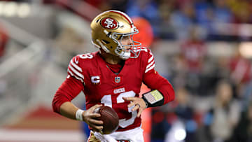 Dec 30, 2024; Santa Clara, California, USA; San Francisco 49ers quarterback Brock Purdy (13) during the game against the Detroit Lions at Levi's Stadium. Mandatory Credit: Sergio Estrada-Imagn Images